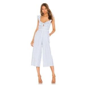 BCBGeneration Blue White Striped Ruffled Sleeve Jumpsuit in Sky Blue